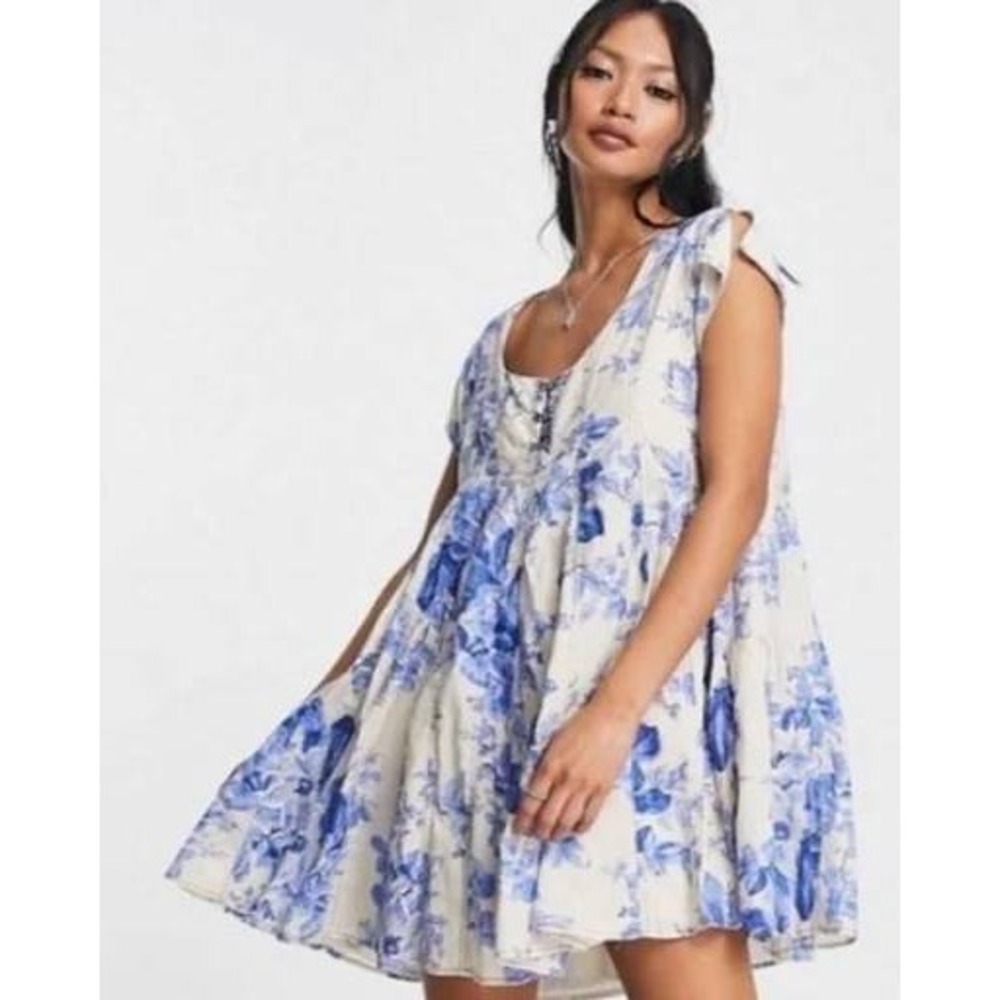 Free‎ People Sully Dress Womens XS Blue Floral Hook Eye Cap Sleeve Mini Boho